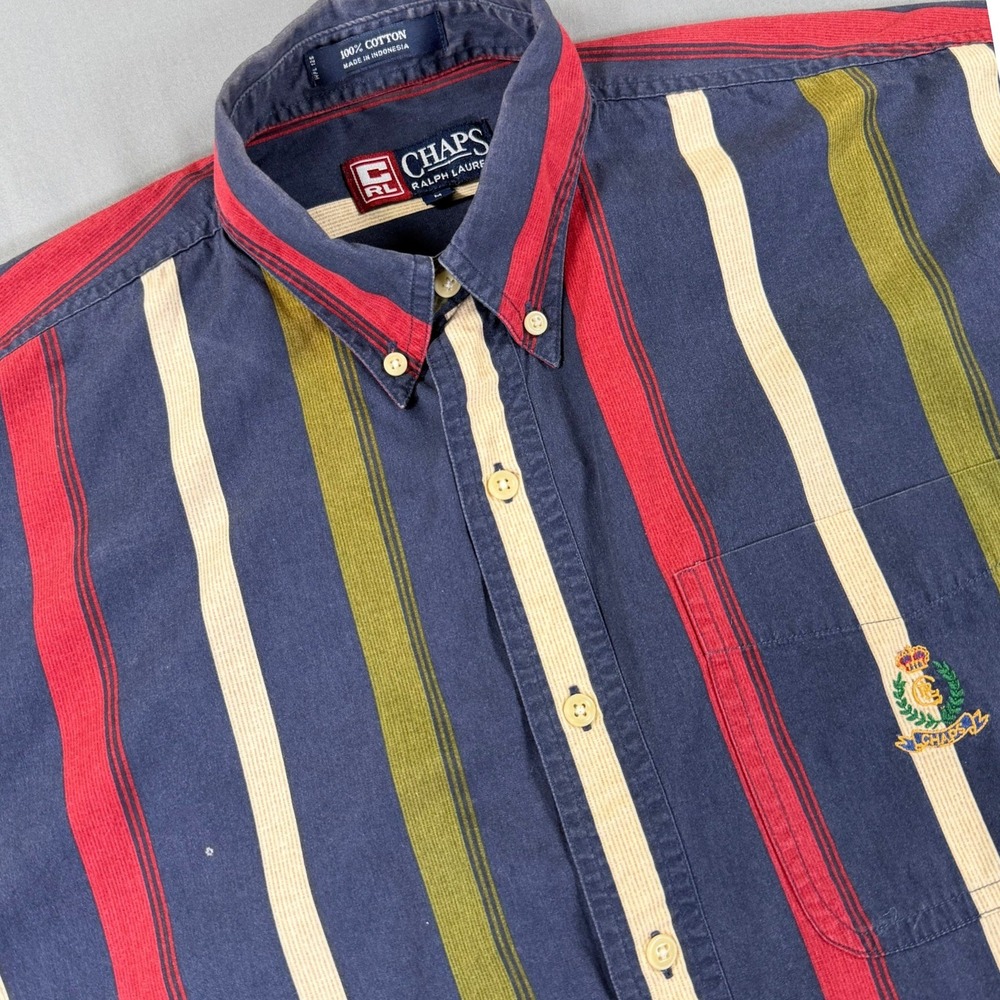 Chaps Ralph Lauren Shirt Mens M Blue Red Stripe Crest Button Down Retro